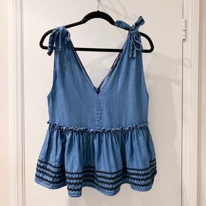 Sugarlips Chambray Tie Strap Peplum Tank Top